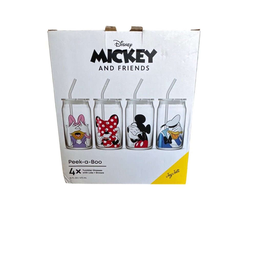 NEW Disney Mickey & Friends JoyJolt Peek-a-Boo 4pc Glass Tumbler Set Lids Straws